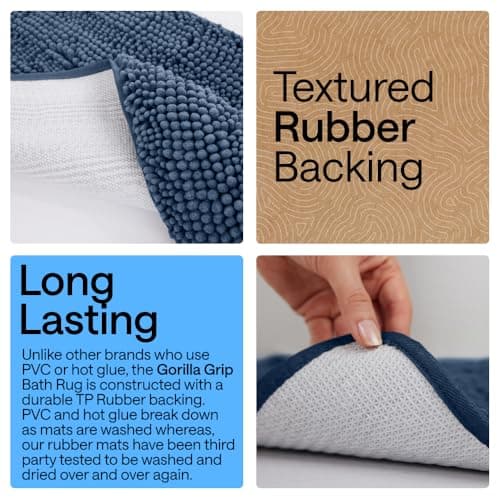 GORILLA GRIP Bath Mat, Thick Soft Absorbent Chenille Floor Mats, Rubber Backing Bathmat, 122x61 cm, Quick Dry Rug, Machine Washable Rugs for Shower Tub Floors, Bathroom Accessories Decor, Navy Blue — view 2