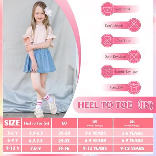 6 Pairs Kids Crew Socks with Stripes Hearts, Junior Cotton School Sports Socks, Casual Stretchy Sock for Girls and Boys 6-9 Years, 02-hearts stripes-b