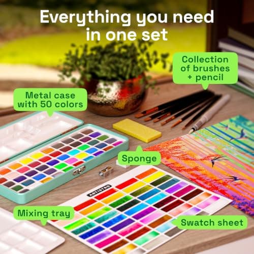 ARTISTRO 50 Watercolors Paint Set – Vivid Colors in a Portable Box – Travel Watercolor Set with Complete Palette