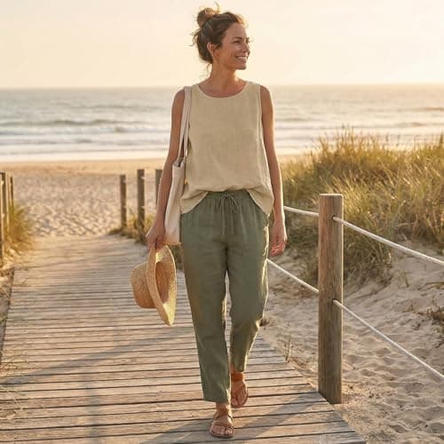 Off The Shoulder Tops for Women Womens Tank Top Linen Shirt Women Cotton Linen Sleeveless Summer Casual Loose Shirts 2026 Hawaiian Boho Crew Neck Gauze Basic Camisole Beige L