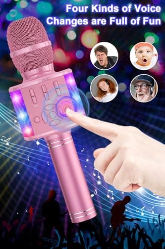 BONAOK Kids Karaoke Microphone Portable Bluetooth Machine Wireless Mic with LED Light, Birthday Gift Toys for Girls Boys Ages 4 5 6 7 8 9 10 11 12 Years Old Party Home(Pinkcolor) — view 3