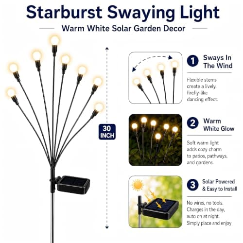 TONULAX Solar Garden Lights - Upgraded Solar Swaying Light, Sway by Wind, Outdoor Lights, Yard Patio Pathway Decoration, High Flexibility Iron Wire & Heavy Bulb Base, Warm White(2 Pack)
