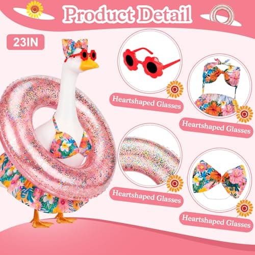 Ciyufavo 23 in Porch Goose Summer Outfit Bikini, Hawaiian Porch Goose Swimsuit Clothes Costume Accessories with Bow Glasses Swim Ring for 23" Summer Goose Garden Patio Statue Decor (Flower)