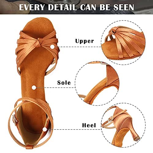 TINRYMX Women's Latin Dance Shoes Satin Ballroom Salsa Cha-cha Professional Practice Dance Shoes,EM217-Brown-2.75 Inch,7 US — view 2