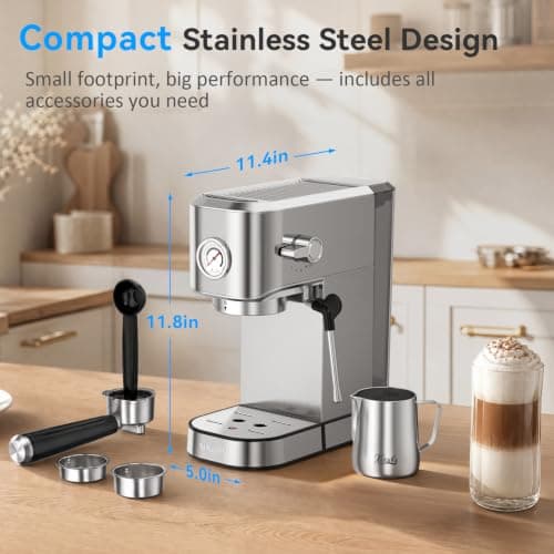 XIXUBX 20 Bar Espresso Machine, Compact Stainless Steel Espresso Maker with Milk Frother and Milk Frothing Pitcher, Coffee Machine for Cappuccino and Latte, 42 oz Water Tank for Home, Office, Silver — view 2