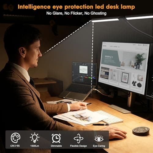 Led Desk Lamp for Office Home - Eye Caring Architect lamp with Clamp,Dual Screen Computer Monitor Work Smart Light: 24W 5 Color Flexible Adjustable Lighting Table Lamp for Study Drafting — view 3