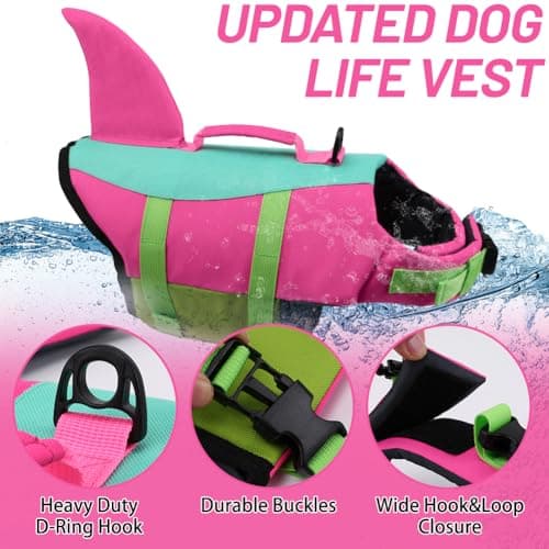 EMUST Shark Life Jackets for Dogs, Adjustable Ripstop Dog Life Vest for Water Safety Pet Life Vest with Rescue Handle Safety Vest for Swimming Pool Beach Boating, (L,PinjiePink) — view 3