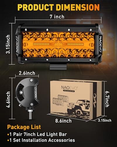 NAOEVO 7 inch LED Light Bar, 240W 24,000LM Offroad Fog/Driving Lights LED Pods with Spot Flood Combo Beam, Waterproof LED Work Lights for Truck Boat UTV ATV, 2 Pack (Amber) — view 7