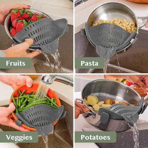 Original Kitchen Gizmo Strainer for Pots, Pans, and Bowls - Adjustable Silicone Clip on Colander - Snap N Strain Kitchen Gadget for Fruits, Veggies, Salads, Pasta, and More - Dishwasher Safe - Grey — view 7
