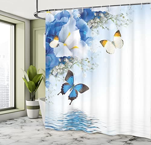 Ambesonne Floral Shower Curtain, Nature Theme Wild Flowers Monarch Flying Butterflies Lily on Lake Therapy Spa, Cloth Fabric Bathroom Decor Set with Hooks, 69" W x 70" L, Blue White — view 3