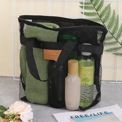 KALIONE Mesh Shower Caddy Bag, Portable Gym Shower Bag, Quick Dry Hanging Toiletry and Bath Organizer with Zipper for College Dorm, Gym, Yoga, Swimming Pool, Travel(Black) — view 4
