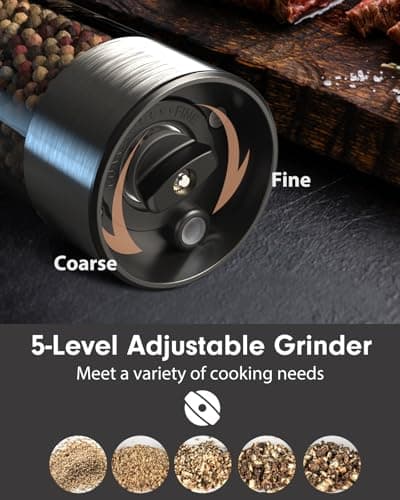 TOMEEM Upgraded Larger Capacity Electric Salt and Pepper Grinder Set Rechargeable with LED lights, Stainless Steel Automatic Pepper and Salt Grinder Refillable with 5 Adjustable Coarseness — view 3