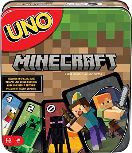 Mattel Games UNO Card Game, Gifts for Kids and Family Night, Themed to Minecraft Video Game, Travel Games, Storage Tin Box (Amazon Exclusive)