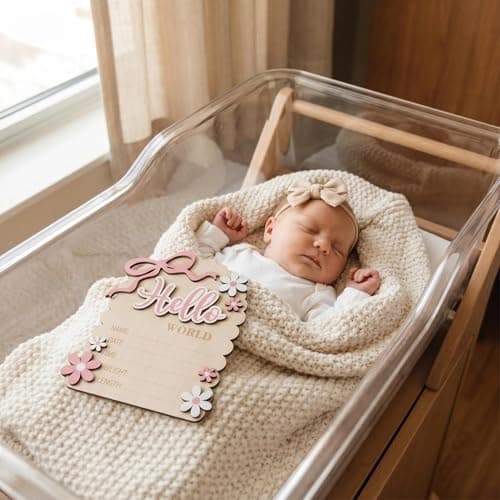 Hello World Baby Sign, Double-Sided Wooden Baby Announcement Sign, Pink Bow Newborn Birth Plaque for Photo Props Nursery Keepsake Shower Gift — view 4