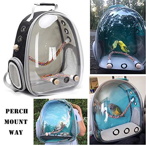 Bird Traval Carrier Cage, Clear Space Capsule Astronaut Backpack to Carry Parakeet Cockatiel Parrot with Metal Tray Wood Perch, Vet Transport School Bag — view 2