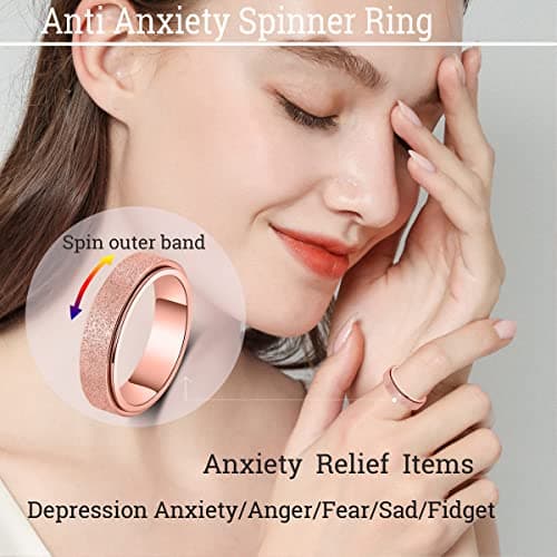 Fidget Ring Women Anxiety Spinner: Fidget Toys Adults Thumb Ring Stainless Steel Spinning Ring Rainbow Gold Black Silver Color (Rose Gold-6mm, 8) — view 2