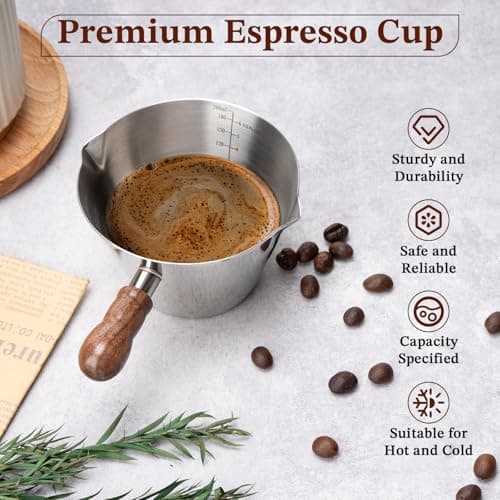 Amrules Espresso Cup, 6.8 oz/200 ml Stainless Steel Coffee Shot Measuring Cup with Wood Handle, Double V-Shaped Mouth and Clear Scale for Cappuccino Barista Coffee Bar Accessories, Silver — view 3