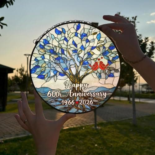 EKASPEEK 60th Wedding Anniversary Stained Glass Suncatcher, 8x8' Diamond Anniversary Decorations, 60th Celebration Marriage Gifts for Parents, Couple, Wife & Husband, 60 Wedding Milestone Keepsake