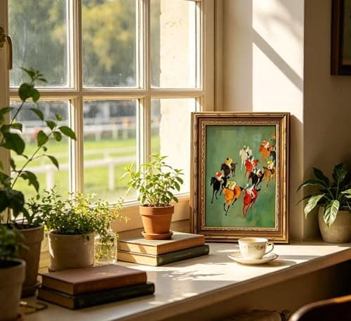 Vintage Gold Framed Horse Racing Wall Art, Retro Equestrian Oil Painting Canvas Prints, Colorful Race Horses and Jockeys Wall Decor, Modern Equestrian Print Artwork for Living Room Bedroom Office Home Decor, 9x11in
