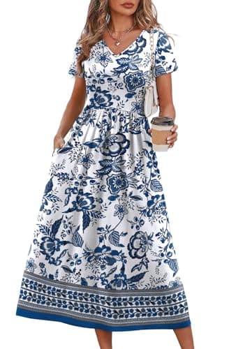 OFEEFAN Summer Dresses for Women Flowy Short Sleeve V Neck A Line Dress Spring Beach Vacation Casual Dresses Midi Maxi Dress Sundresses for Women Mandala Boho Print L