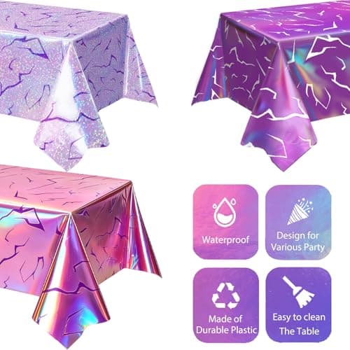 OQOQ Demon Purple Tablecloth (3 Packs), 108x54 Inches Sparkling Holographic Laser Purple Lightning Pattern Disposable Table Cover for Korean Idol Movie Girls Birthday Party Graduation Decorations — view 2