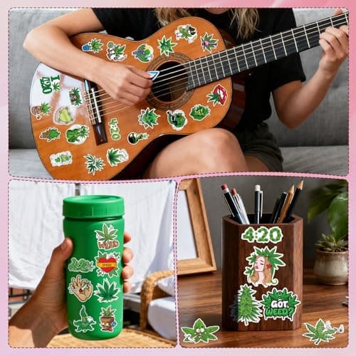 Vemfare Weed Plant Stickers for Adults - 100 Pcs Green Leaves Trippy Water Bottle Stickers, 420 Waterproof Vinyl Scrapbook Decals for Laptop Journaling — view 4