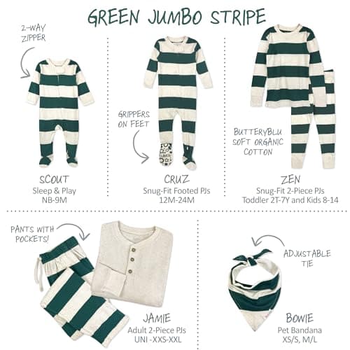 Butterblu JAMIE Matching Family Jammies Holiday Pajamas 100% Organic Cotton PJs Adults, Kids, Toddlers, Baby, Pets, Green Jumbo Stripe, 7 Years — view 4