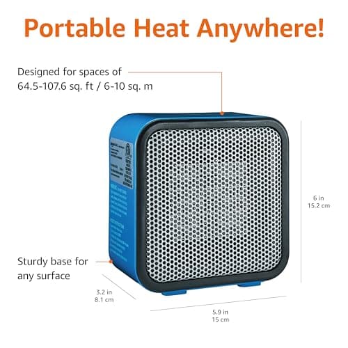 Amazon Basics Ceramic Portable Mini Space Heater for Office Desk, Fast Heating, Efficient, Indoor Use, 500W, With Tip-Over Protection, Lightweight 1.4 lbs, Blue, 5.9 x 3.2 x 6 inches — view 2