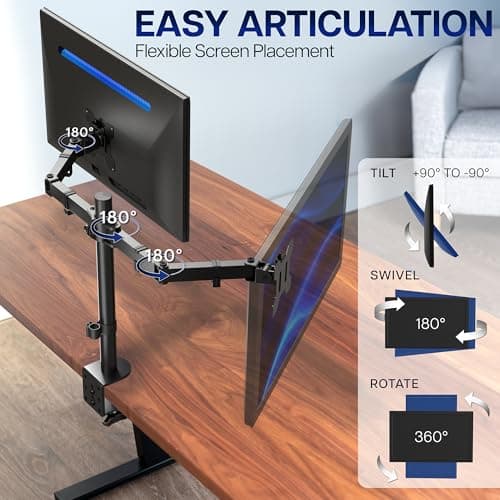 VIVO Dual Monitor Desk Mount, Holds 2 Computer Screens up to 30 inches and 22lbs Each, Heavy Duty Fully Adjustable Steel Stand with C-Clamp and Grommet, Black, STAND-V002 — view 3