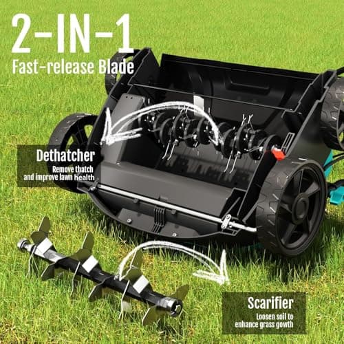 2-in-1 Electric Lawn Dethatcher & Scarifier – 10.5 Gal Thatch Bag, 5-Position Height Adjustment, Dual Switch for Healthier Grass