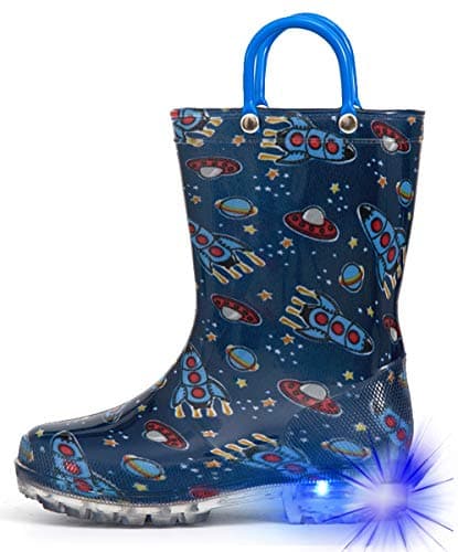 HugRain kids Boys Rain Boots Toddler Light Up Printed Waterproof Shoes Lightweight Adorable Cute Navy Blue Cosmos Rubber with Easy-On Handles and Insole (Size 13,Navy)