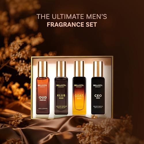 BellaVita Luxury Men's Perfume Gift Set with CEO Man, G.O.A.T., KLUB & OUD | 4 x 20ml (80ml) | Long Lasting Perfume for Men | Citrus, Woody, Patchouli & Caramel Notes | Gift for Father's Day — view 2