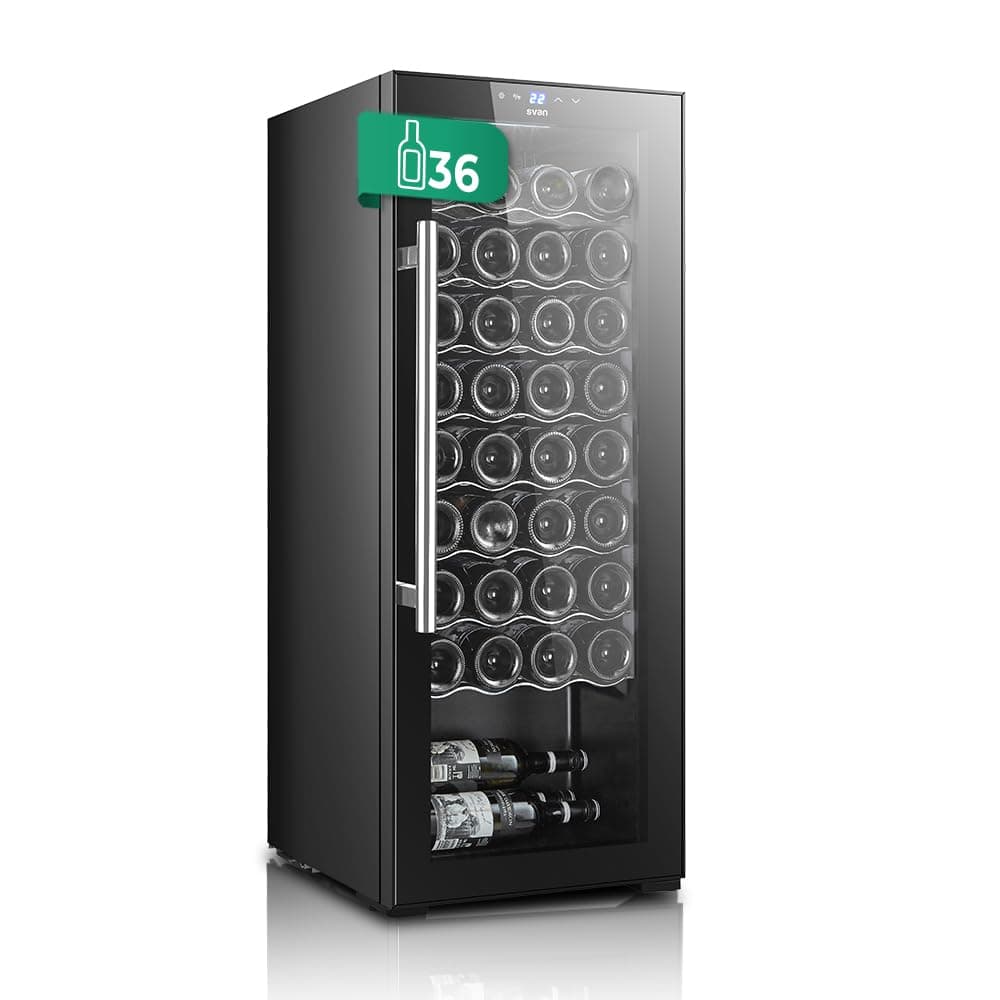 SVAN Vinoteca 32 Botellas Negro SVN3200S. 65W, Display LED táctil, Pantalla Digital Exterior, 8 Rejillas Metálicas, Clase de Eficiencia Enérgetica G
