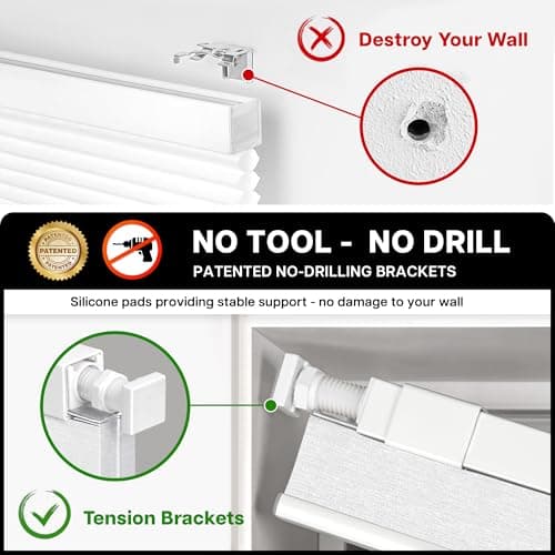 LazBlinds Cordless Cellular Shades, No Tools No Drill Blackout Honeycomb Shades Pleated Blinds for Windows, 34'' W x 36'' H, Silver White