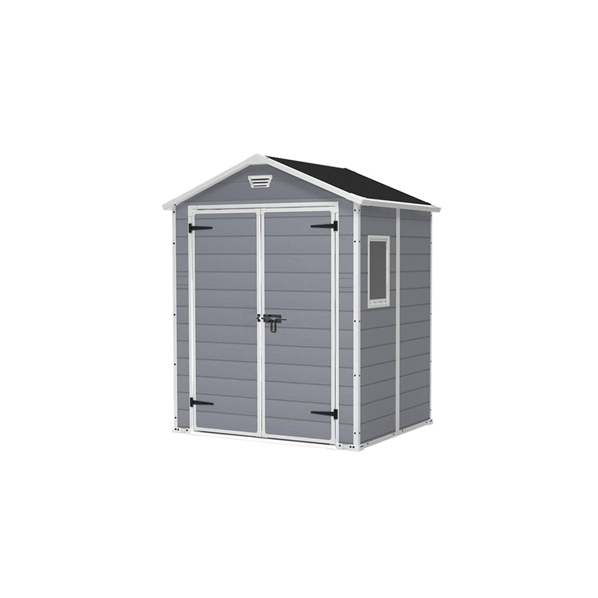 Keter Manor 6X5 - Caseta de jardín, 185x152x226 cm y 2,5m2, Suelo, Sistema de ventilación, Puerta y Ventana, Resistente al Agua, Color Gris