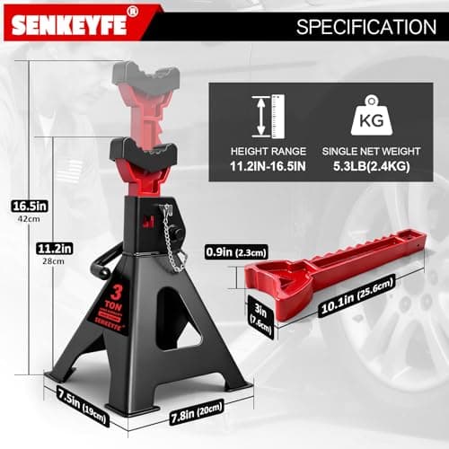 SENKEYFE 3 Ton (6,600 LBs) Jack Stands with Double Pin Locking,Rubber Cover and Large Foot Base,11"-17" Adjustable Height,Heavy Duty Car Jack Stands,Lifting SUV,MPV,Pickup Truck,ATV/UTV,1 Pair — view 3