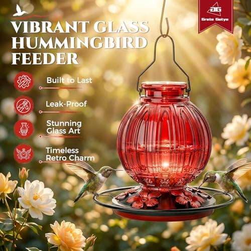 Glass Hummingbird Feeder for Outdoors Hanging, 26Oz Bird Nectar Feeder with Perch & 5 Flower Feeding Ports, Leak Proof for Outside Garden Decor Backyard, Gifts for Women Mom, Red — view 5