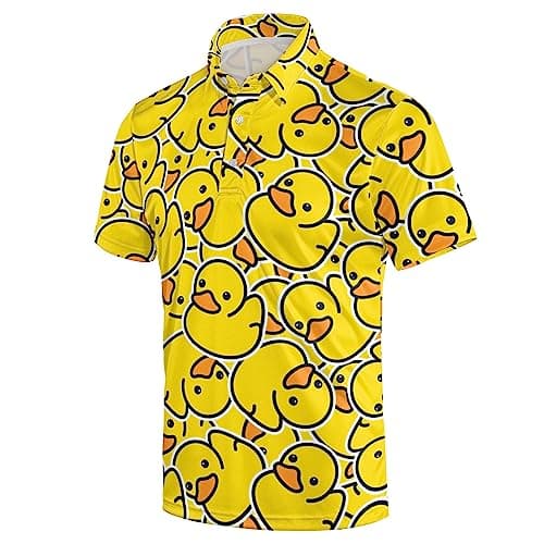 Mens 80s Golf Shirt Dry Fit Performance Short Sleeve Print Shirts Funny 90s Golf Shirts for Men, Yellow Duck, Large