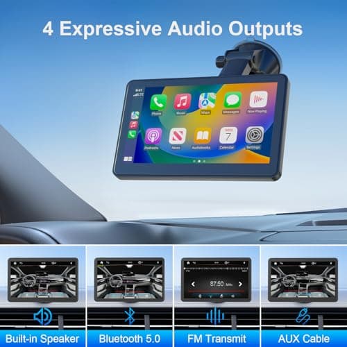 7" Portable Apple Car Play Screen for Vehicle, Wireless Android Auto & Apple Carplay Screen for Car with Bluetooth, GPS Navigation, Voice Control, Mirror Link, FM, AUX — view 5