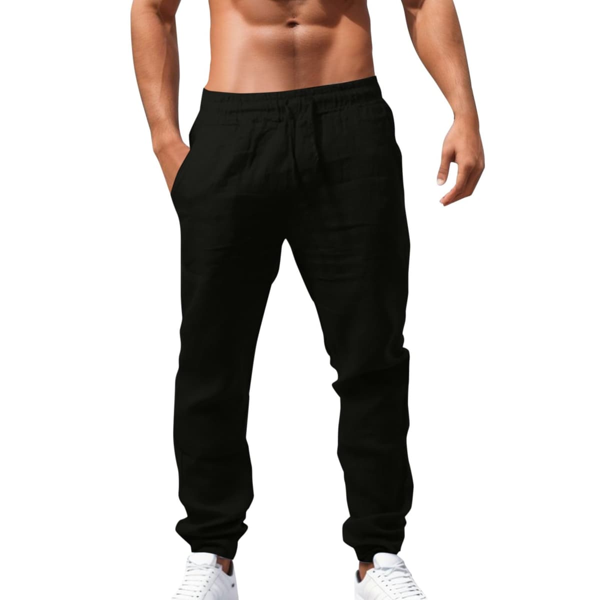 Men's Linen Pants Elastic Drawstring Pants Cotton Linen Breathable Solid Color Pants Casual Summer Pants Soft and Comfortable Men's Fitness Gym