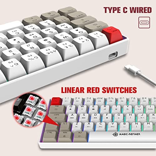 Mini Mechanical Gaming Keyboard Type-c Wired with PBT Dye-subbed Keycaps Rainbow RGB Backlit 60% Layout Full Anti-Ghosting 62 Key Ergonomic for Typist Laptop PC Mac Gamer (White Main/Red Switch) — view 4