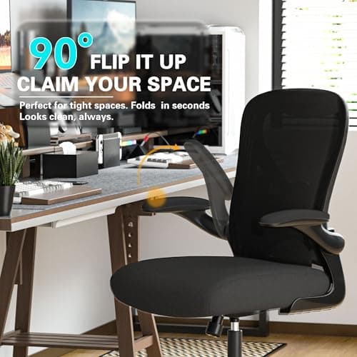 Ergonomic Office Desk Chair with 3.5" Thick Cushion, Adjustable Lumbar Support, Flip-Up Arms, Breathable Mesh Back Chair –Computer Task Chair for Home Office (Black-Black-C Fiber, Solid Back) — view 4