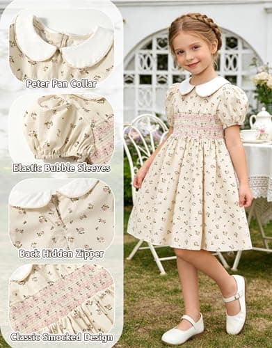 Miipat Toddler Girls Smocked Floral Dress Puff Sleeve Cotton Vintage Kids Peter Pan Collar Summer Dress(BeigeFloralPrint,3-4T) — view 4