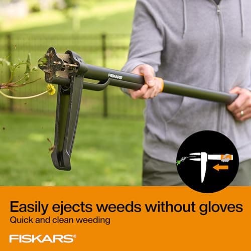 Fiskars Stand-Up Weed Puller Tool, 4 Serrated Stainless Steel Claws Grip Roots for Permanent Removal, Reinforced Foot Platform Penetrates Tough Soil, Easy-Eject & Ergonomic Offset Handle, 39" — view 3
