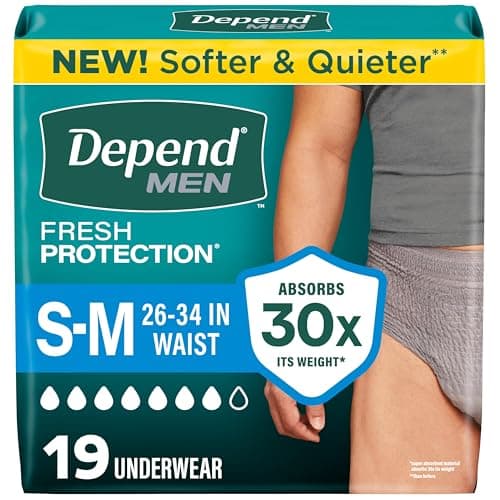 Depend Fresh Protection Adult Diapers, Incontinence Underwear for Men, Disposable, Maximum, Small/Medium, Grey, 19 Count, Packaging May Vary