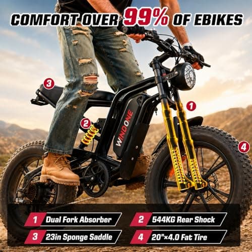 Windone E2 Electric Bike for Adults - 1000W Peak 20" Fat Tire Electric Dirt Ebike, Up to 45KM/H, 75KM Range, 48V 13Ah Removable Battery, Moped Style All-Terrain E Bike for Commuting & Off-Road — view 3