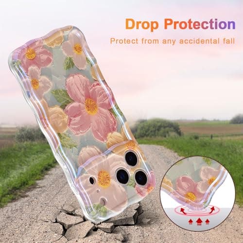 EYZUTAK Case for iPhone 17 Pro Max, Colorful Retro Oil Painting Printed Flower Laser Glossy Pattern Cute Curly Wave Edge Exquisite Phone Cover Stylish Durable TPU Protective Case for Girl Women-Green — view 2