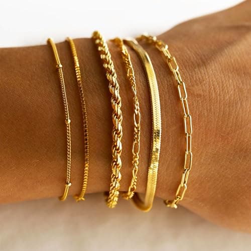 DEARMAY Gold Bracelets for Women Non Tarnish 14K Gold Plated Minimalist Bracelets Stack for Women Trendy Dainty Stackable Paperclip Rope Snake Box Figaro Chain Bracelets Set Pack Jewelry Sets Costume Fashion Gifts