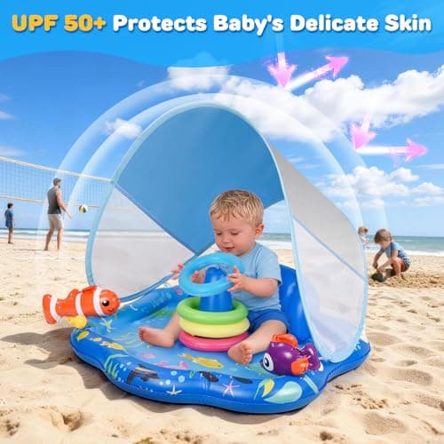 Baby Pool Float with Sprinkler, Inflatable Baby Splash Pad with Stackable Rings Game, Baby Splash Mat with Canopy & Backrest for Toddlers Garden, Beach, Backyard and Bathroom (Blue) — view 2