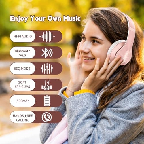 Glynzak Wireless Bluetooth Headphones Over Ear 65H Playtime HiFi Stereo Headset with Microphone and 6EQ Modes Foldable Bluetooth V6.0 Headphones for Desktop Computer Laptop Rose Gold — view 5